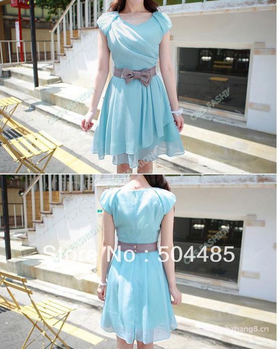 [J609] 2013 new arrival women summer fashion Ruffle bowknot short sleeve chiffon women dresses/free shipping/promotion