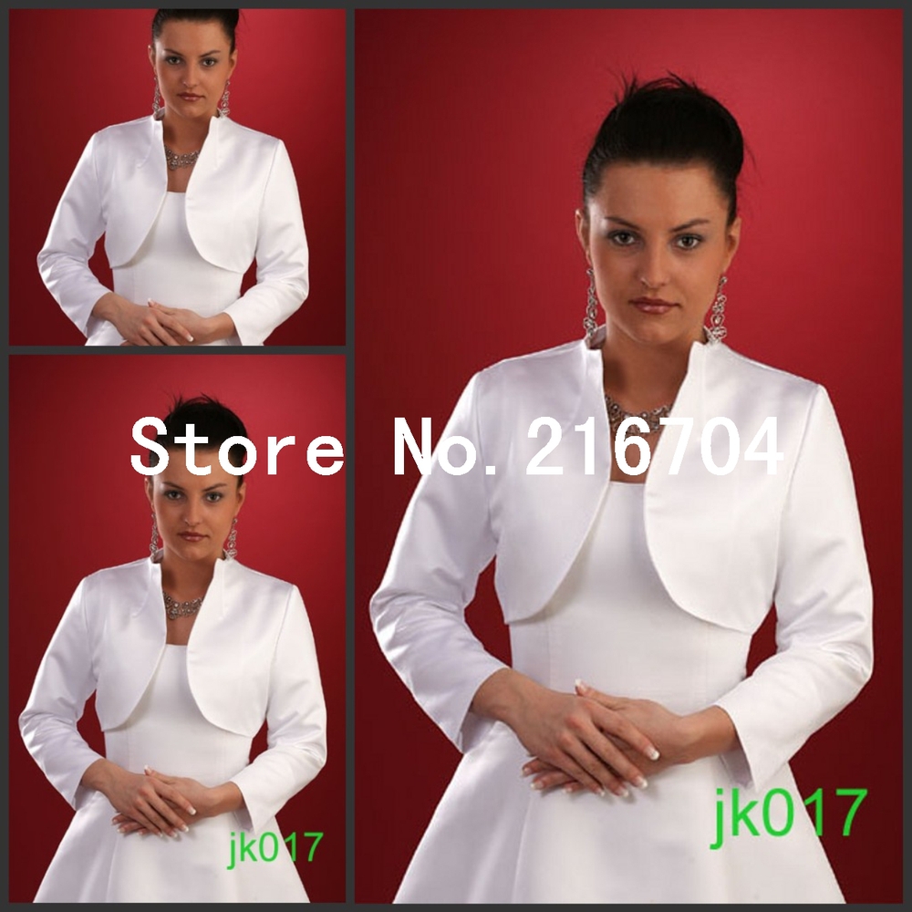 JAC032 Hot Sale White Long Sleeves Short Wedding Bridal Jacket Discount White Satin Bolero