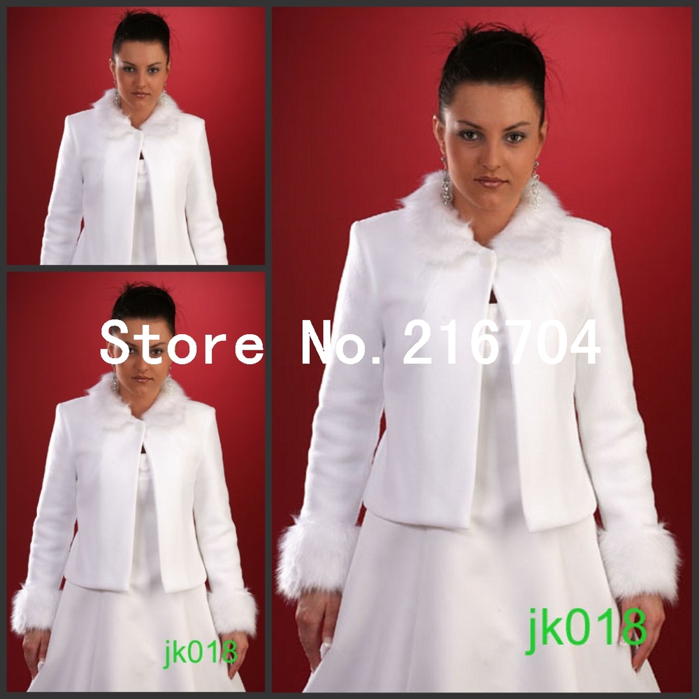JAC033 Luxury White Faux Fur Button Long Sleeves Bridal Jacket Coat