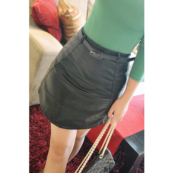Jackgrace quality umbels leather skirt with belt three-color jq118