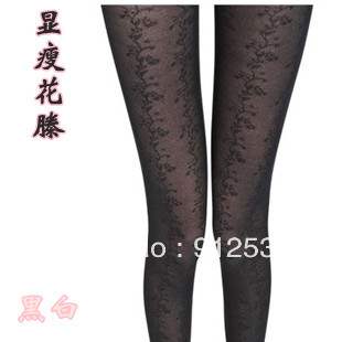 Jacquard flower pantyhose vertical stripes pantyhose black-and-white