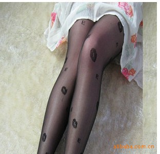 Jacquard lip print letters silk stockings pantyhose Jacquard Socks Black