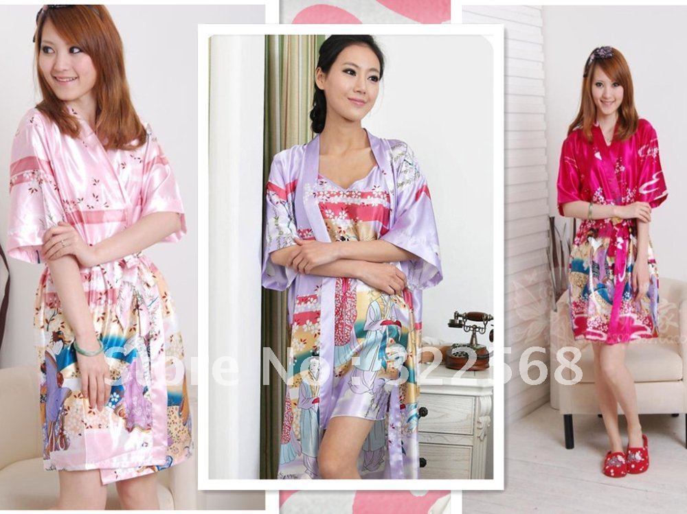 Japan Wind Geisha Sakura Kimono Female Long Sleeve Pajamas Suit Emulation Silk Leisure Wear Kimono CN Free Shipping((P-01))