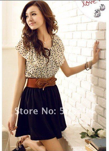Japan Women's Summer New Fashion Chiffon Short-sleeve Dots Polka Waist Mini Dress (with blet) free shipping!! 5199