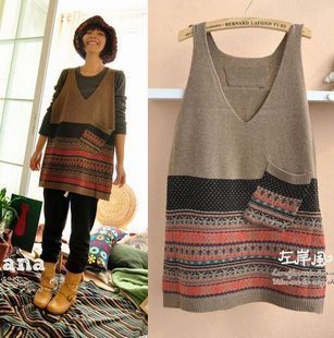 Japanese style sweet vintage jacquard medium-long yarn vest short yarn skirt plus size loose 622