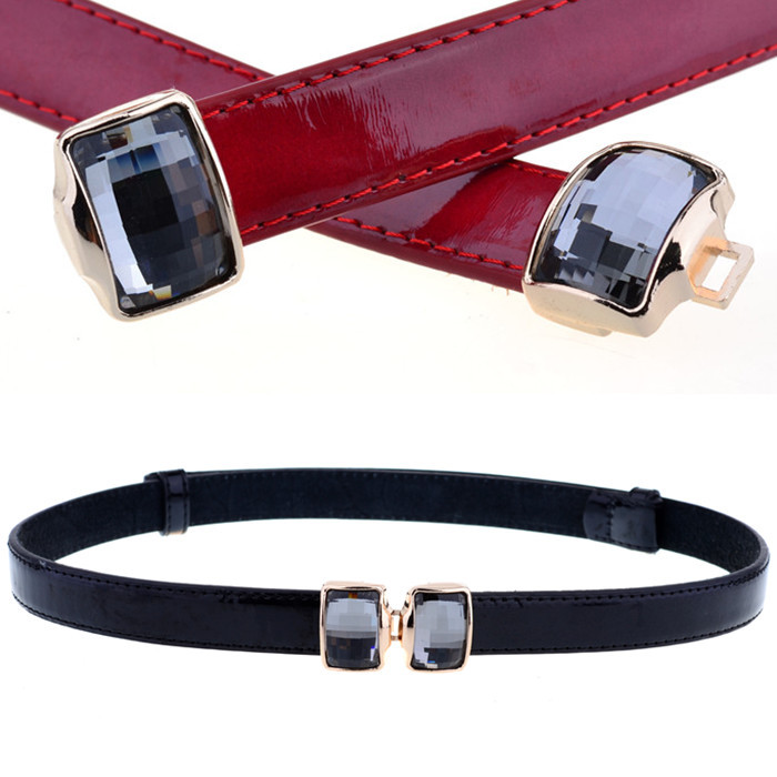 Japanned leather big rhinestone women's belt genuine leather thin belt fashion decoration all-match black cronyism strap