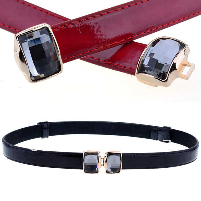 Japanned leather big rhinestone women's belt genuine leather thin belt fashion decoration all-match black cronyism strap