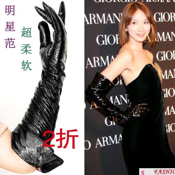 Japanned leather genuine leather gloves long design women's sheepskin gloves winter thermal
