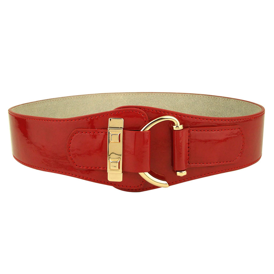 Japanned leather patent leather ultra wide women's genuine leather hook elastic body shaping belt red female cummerbund