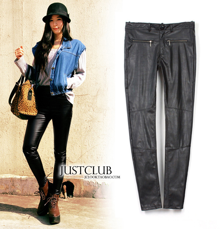 Jc fashion 2013 spring and autumn women's black faux leather zipper skinny legging pants Free Shipping