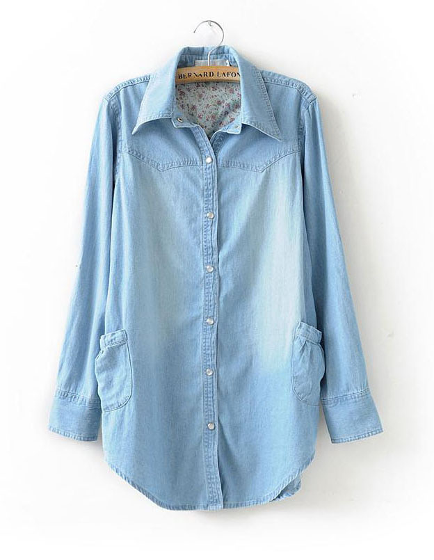 Jean blouse, light color, long sleeve, women's spring and autumn blouse, free shipping