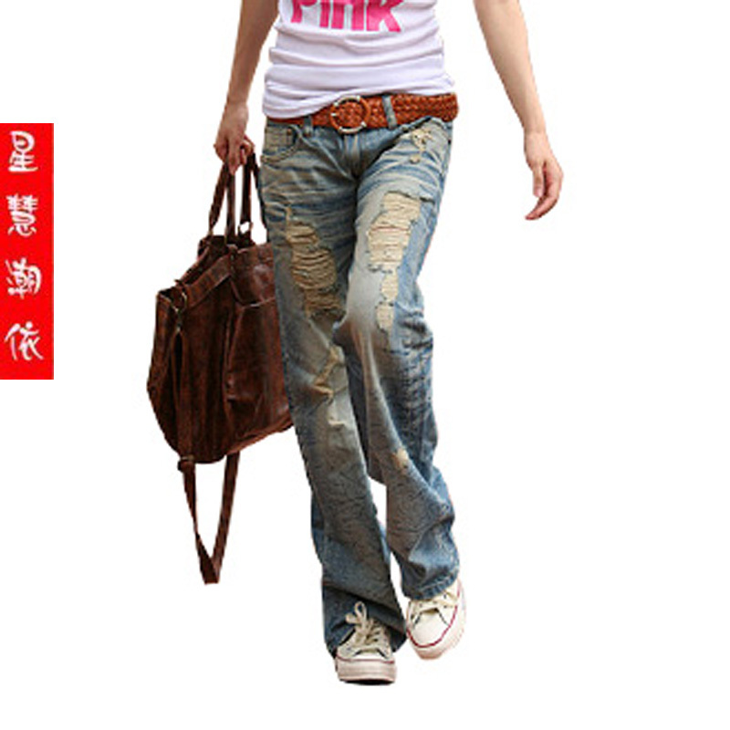 Jeans female 2013 straight pants hole lowing pants trousers