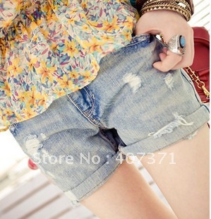 Jeans hole roll-up hem denim shorts female shorts plus size summer