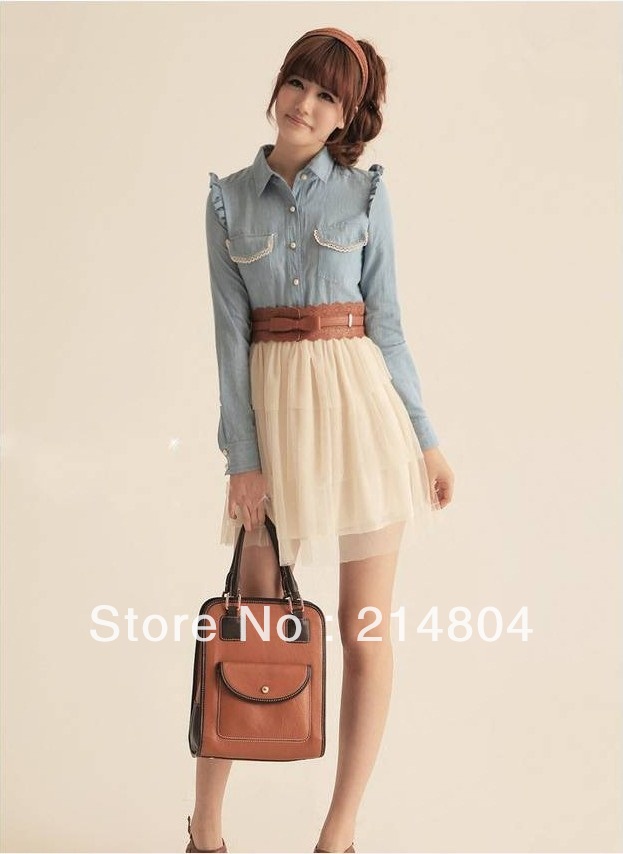 Jeans long-sleeved yarn patchwork dress (Leather belt on the house )