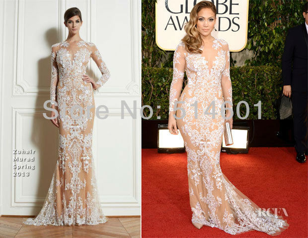 Jennifer Lopez 2013 Golden Globe Awards Celebrity Dress Long Sleeve Lace Applique Tulle Evening Dress