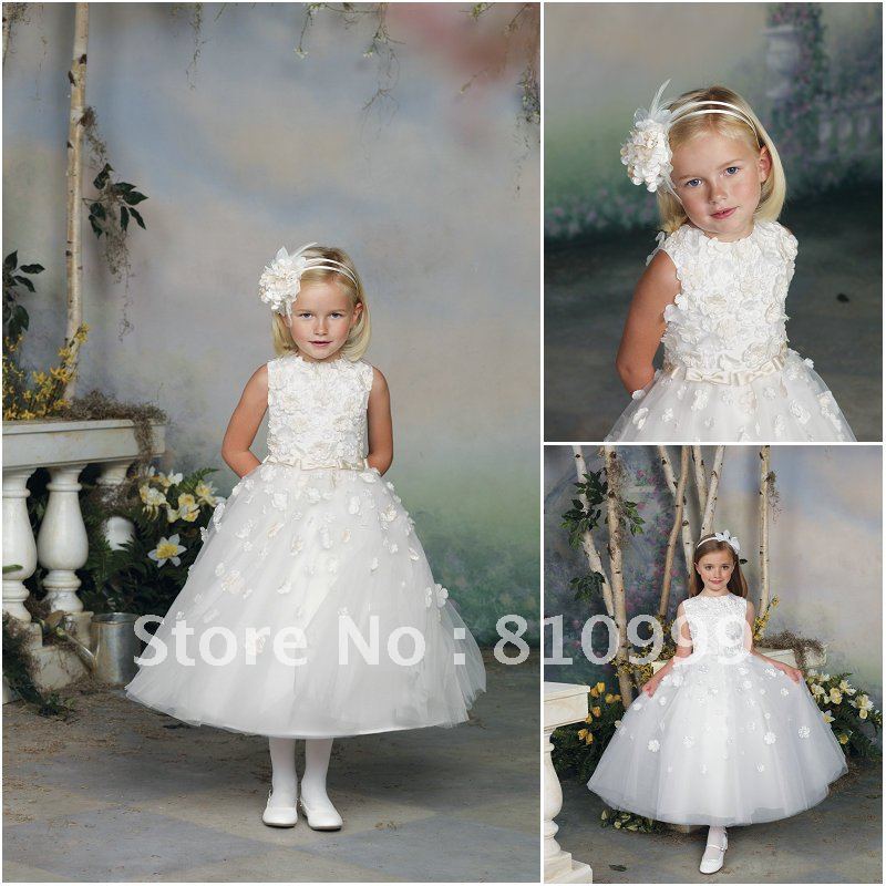 JF0007 Appliqued Bow Sash White Flower Girl Dresses For Weddings