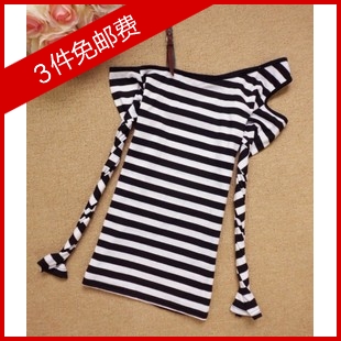 Jjc 2013 spring female horizontal stripe spaghetti strap leather strapless one shoulder sexy small all-match top