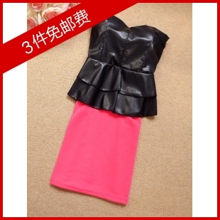 Jjc japanned leather faux leather pleated baimuer skirt sexy tube top dress one-piece dress