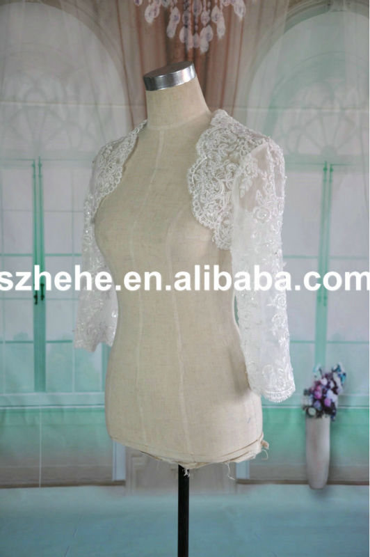 JK012 Beautiful beaded High quality lace fabric 3/4 sleeve wedding dress lace jacket