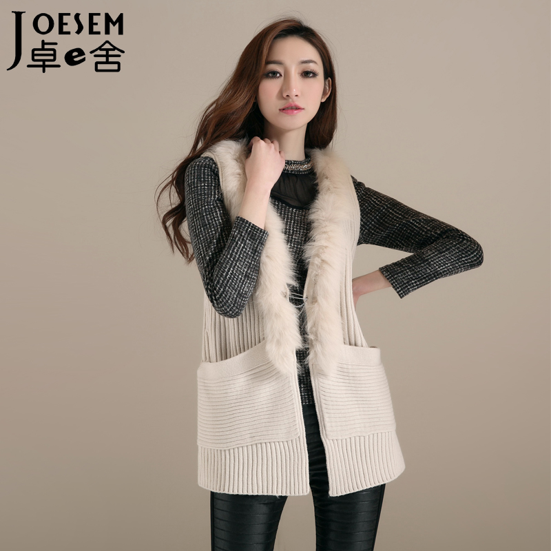 Joesem 2012 autumn and winter women's knitted sweater vest fur collar vest women's vest b01