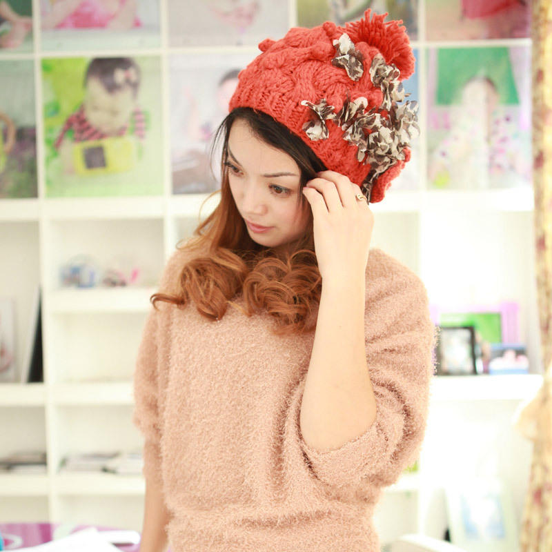 Jolin Knitted hat flower autumn and winter earmuffs knitted warm hat female sphere hat
