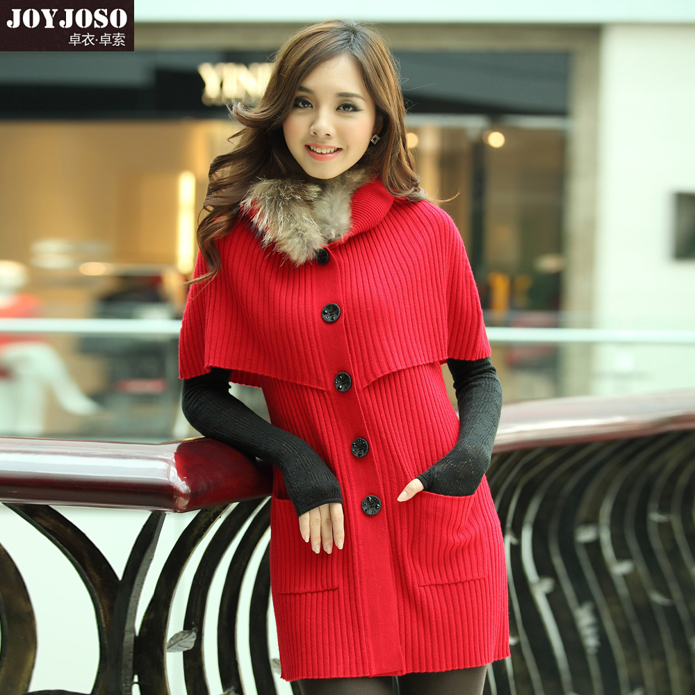 Joyjoso autumn and winter cloak fur collar sweater women's long design thickening sheep wool knitted outerwear 9097