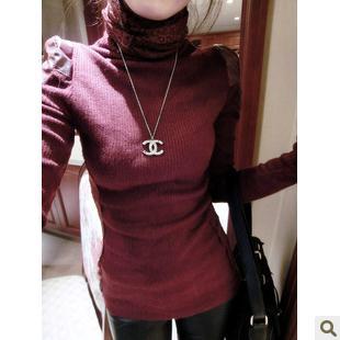 Jto2012 autumn and winter heap turtleneck patchwork leather sidepiece transparent lace basic shirt top women's free shipping