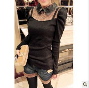 Jto2012 fashion normic PU lace peter pan collar puff sleeve knitted top long-sleeve women's free shipping