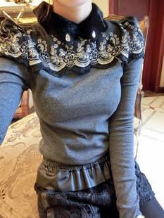 Jto2012 winter peter pan collar lace patchwork puff sleeve sweater women's t-shirt free shipping
