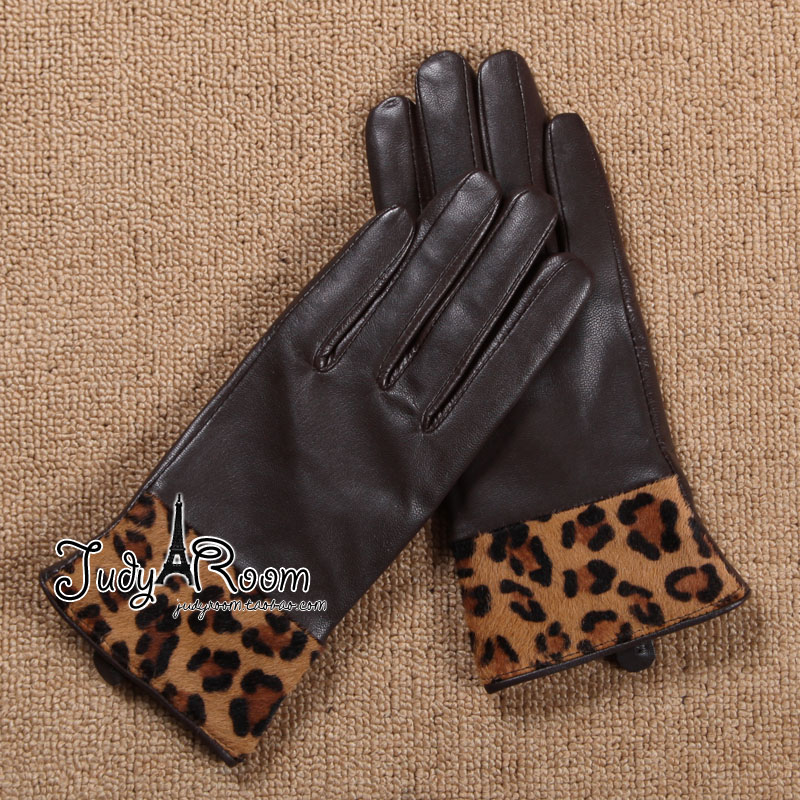 Judy fashion modern horsehair leopard print soft genuine leather sheepskin gloves plus velvet toe