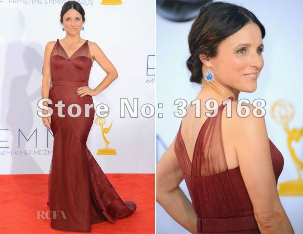 Julia Louis 2012 Emmy Awards Red Carpet Dress Mermaid Straps V-neck Long Tulle Evening Gown IWD10116