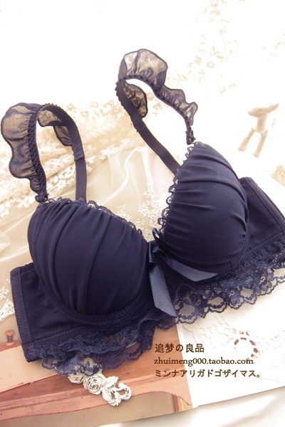 Juniors blue elegant chiffon underwear thickening push up 3 breasted adjustable bra set