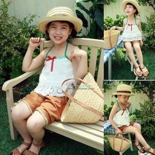 Juniors laciness top female child top girls clothing spaghetti strap top shorts