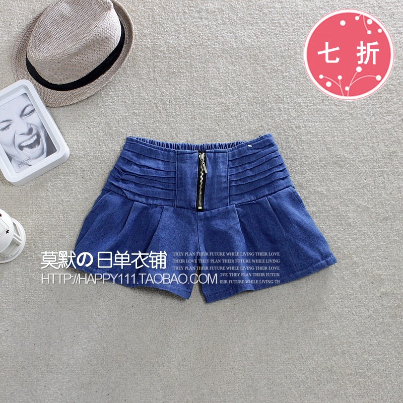 K265 summer zipper decoration loose elastic waist high waist denim shorts female