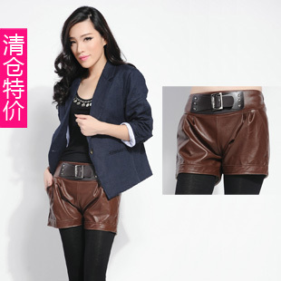 K814 autumn fashion belt PU short skirt leather pants casual fashion slim small short leather pants