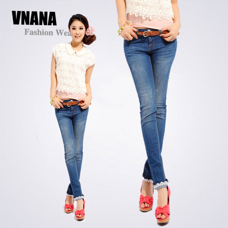 K8811 women's Dark Blue lace trousers wearing white slim jeans skinny pants pencil pants