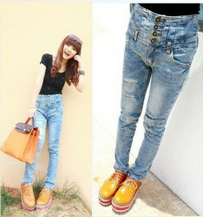 Kaka 2013 spring new arrival breasted high waist hole jeans pencil pants Free Shipping