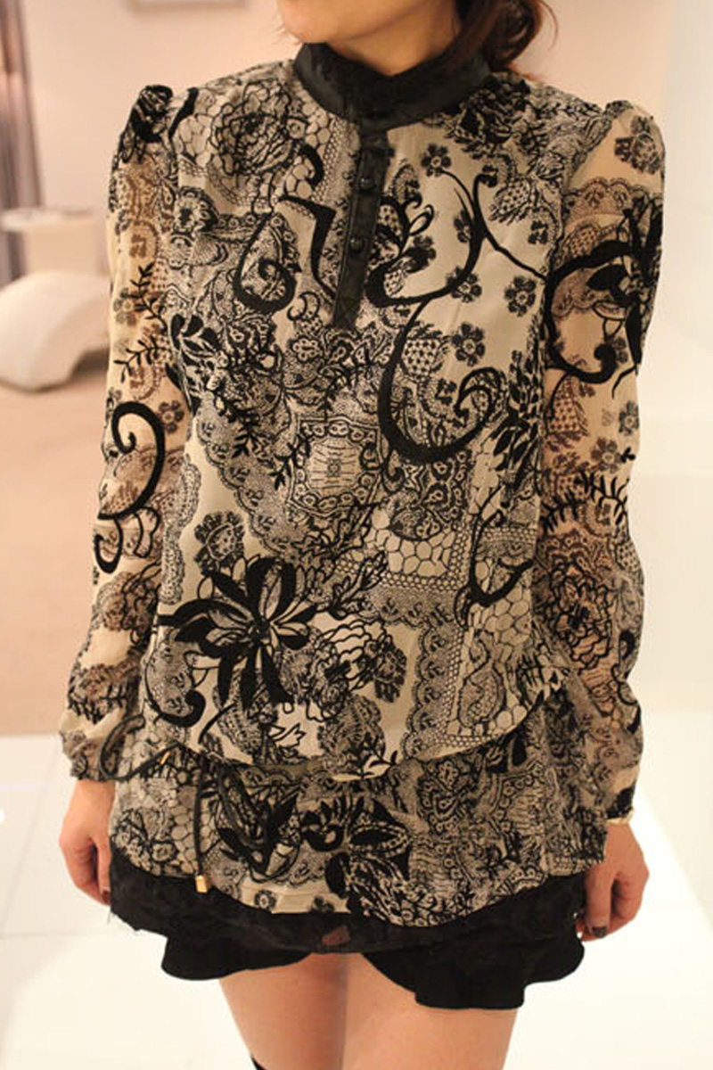 Kaka 2013 spring new arrival stand collar patchwork lace loose chiffon shirt female long-sleeve with belt Free Shipping
