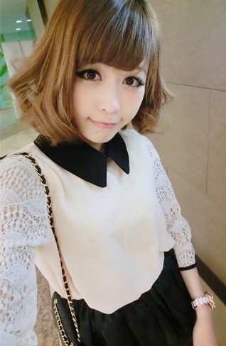 Kaka 2013 spring preppy style lace patchwork chiffon peter pan collar all-match cutout shirt top Free Shipping
