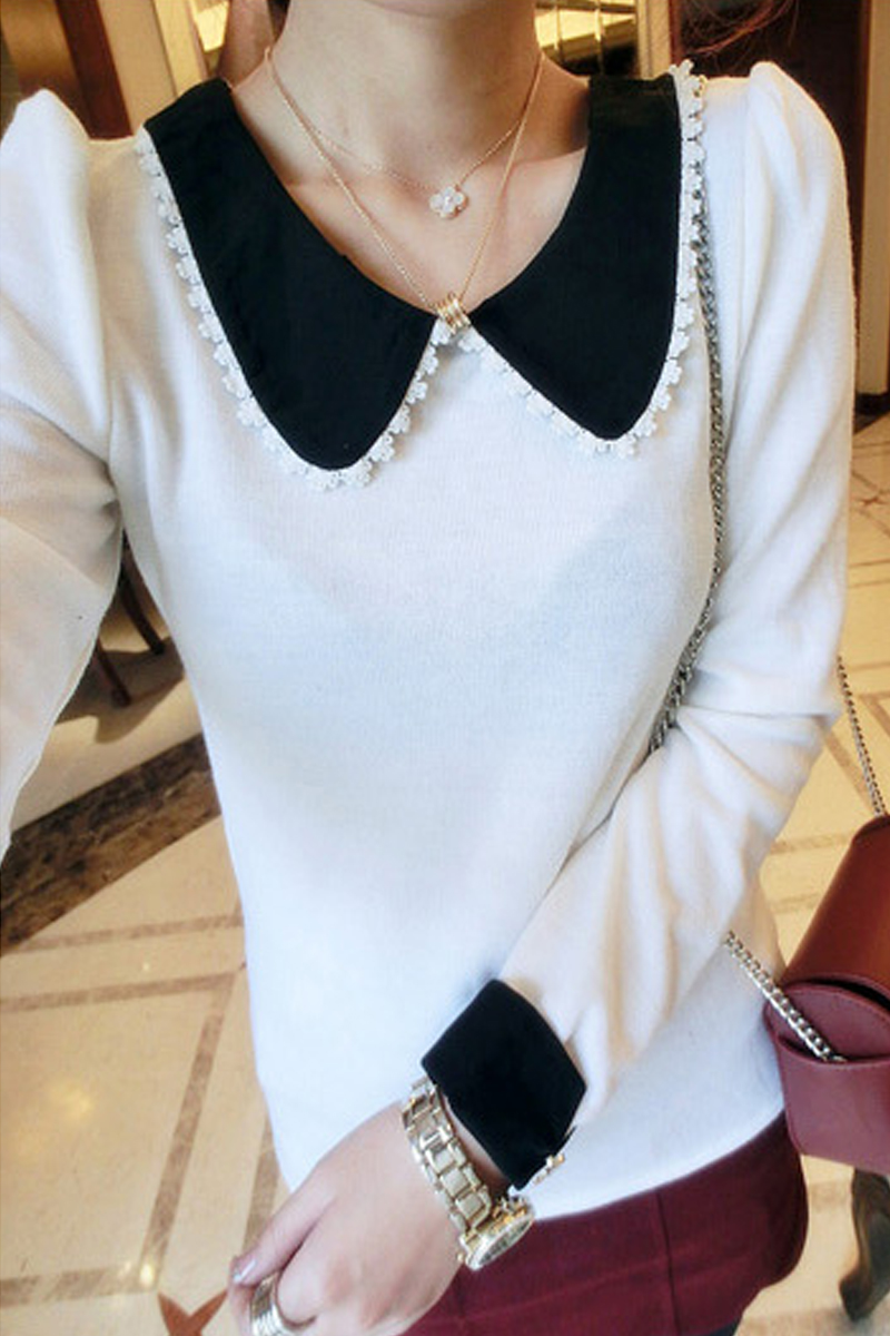 Kaka 2013 spring sweet crochet patchwork color block cuff peter pan collar knitted top women's Free Shipping