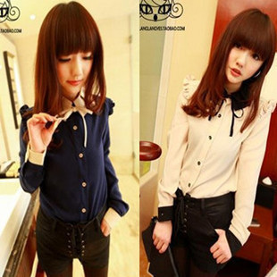 Kaka 2013 spring sweet high quality thick chiffon shirt female pleated lacing collar small butterfly sleeve shirt Free Shipping