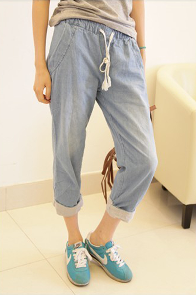 Kaka 2013 vertical stripe roll up hem drawstring casual denim capris women's Free Shipping