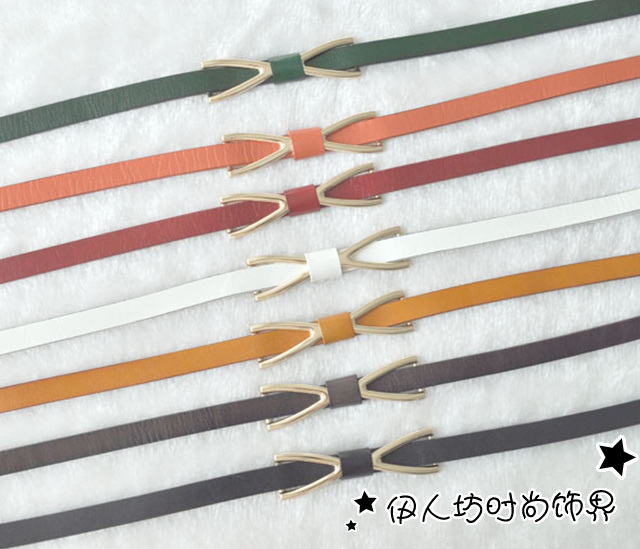 Kaki bow buckle women's decoration genuine leather thin belt strap