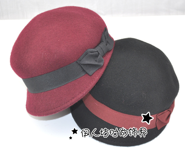Kaki bow button vintage woolen hat female autumn and winter cap