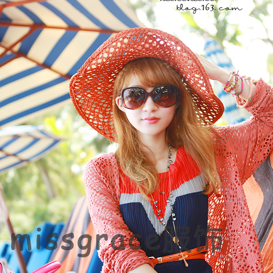 Kaki cutout strawhat female summer large brim sun-shading hat beach anti-uv