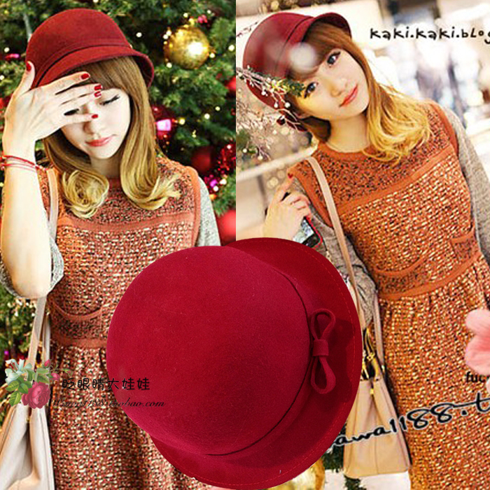 Kaki fashion vintage bow woolen fedoras autumn and winter hat dome red