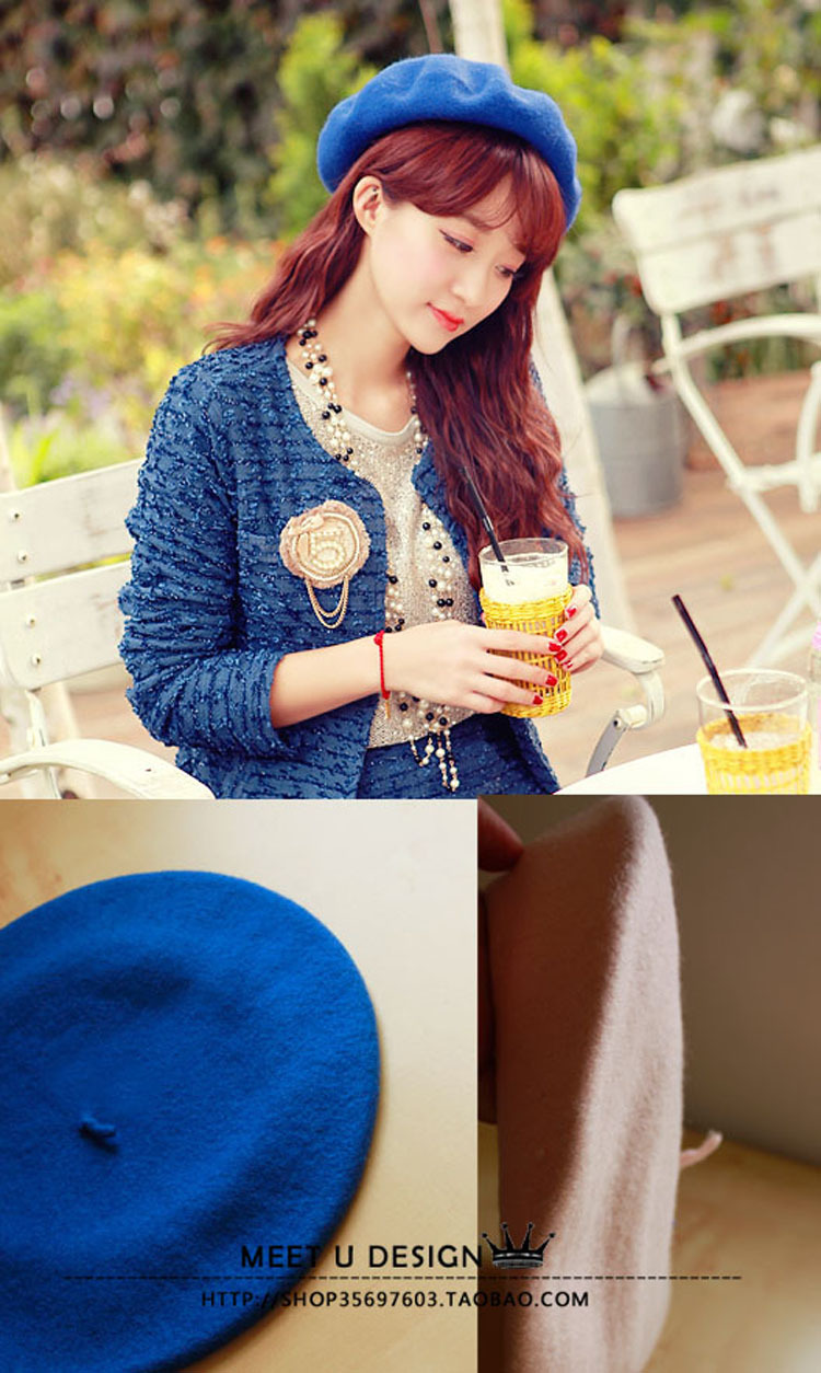 Kaki high quality pure woolen beret painter cap blue women's