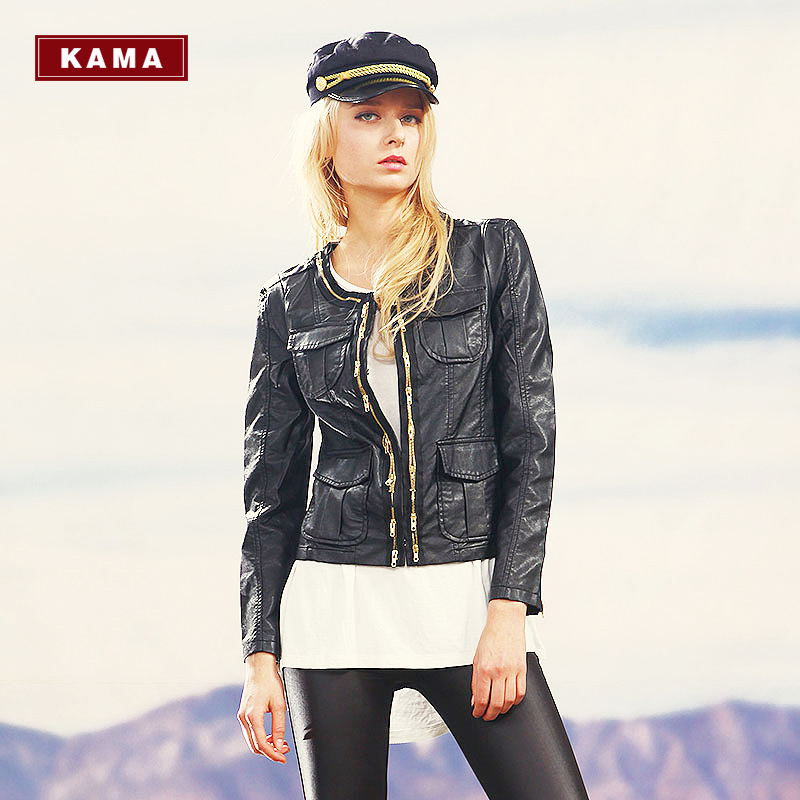 Kama kama women's zip leather clothing short jacket 7312760 535