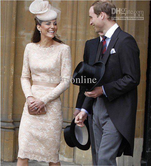 Kate Middleton Cream Lace Dresses Long Sleeve Bateau Knee Length Evening Dresses Celebrity Dresses