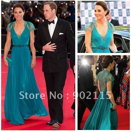 Kate Middleton Royal Style V-Neck Cap Sleeves A-Line Chiffon Green Lace Prom/Celebrity dresses
